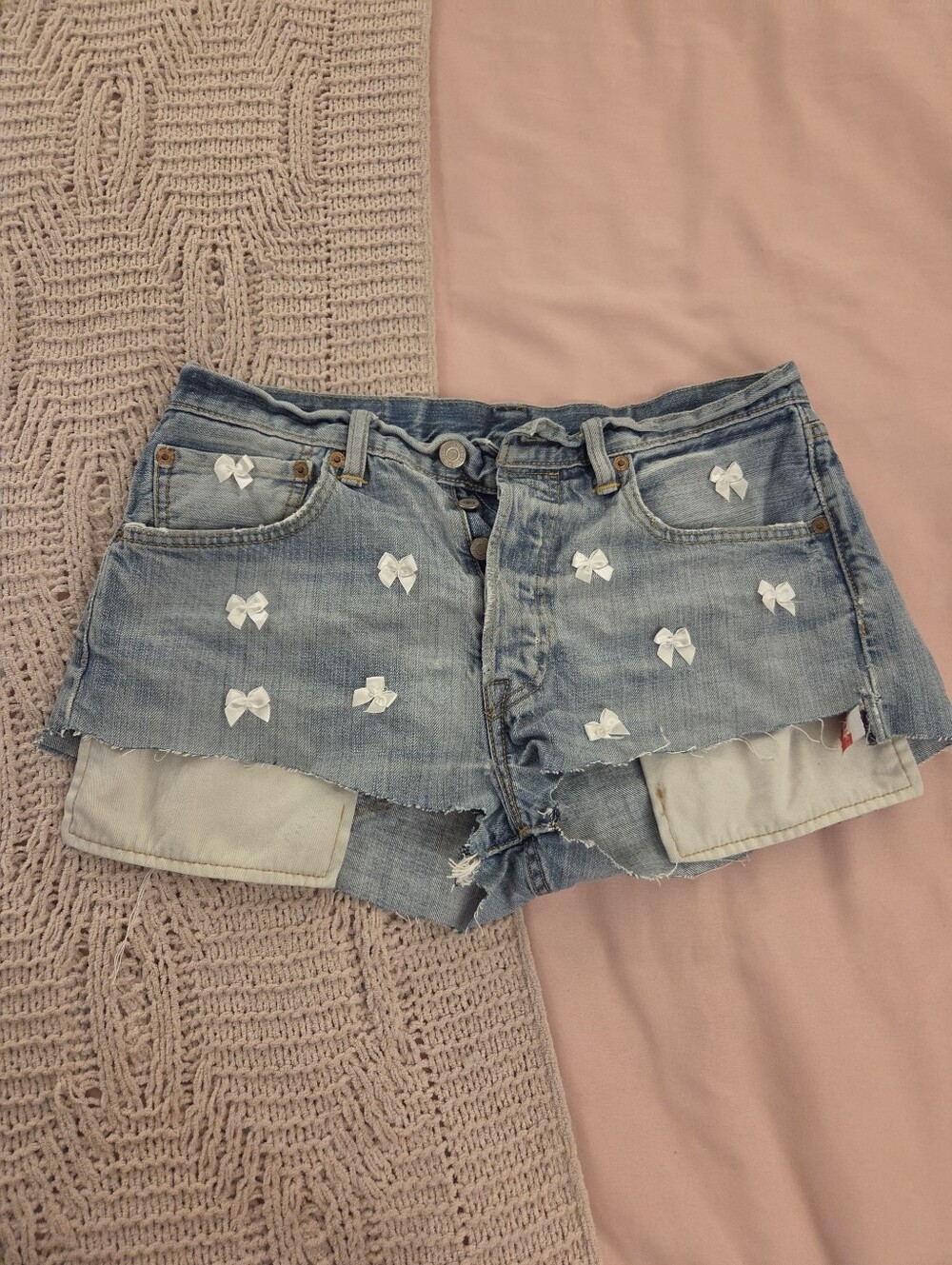 Levi's 501 Button Fly  Light Wash High-Rise Denim Shorts With White Bows